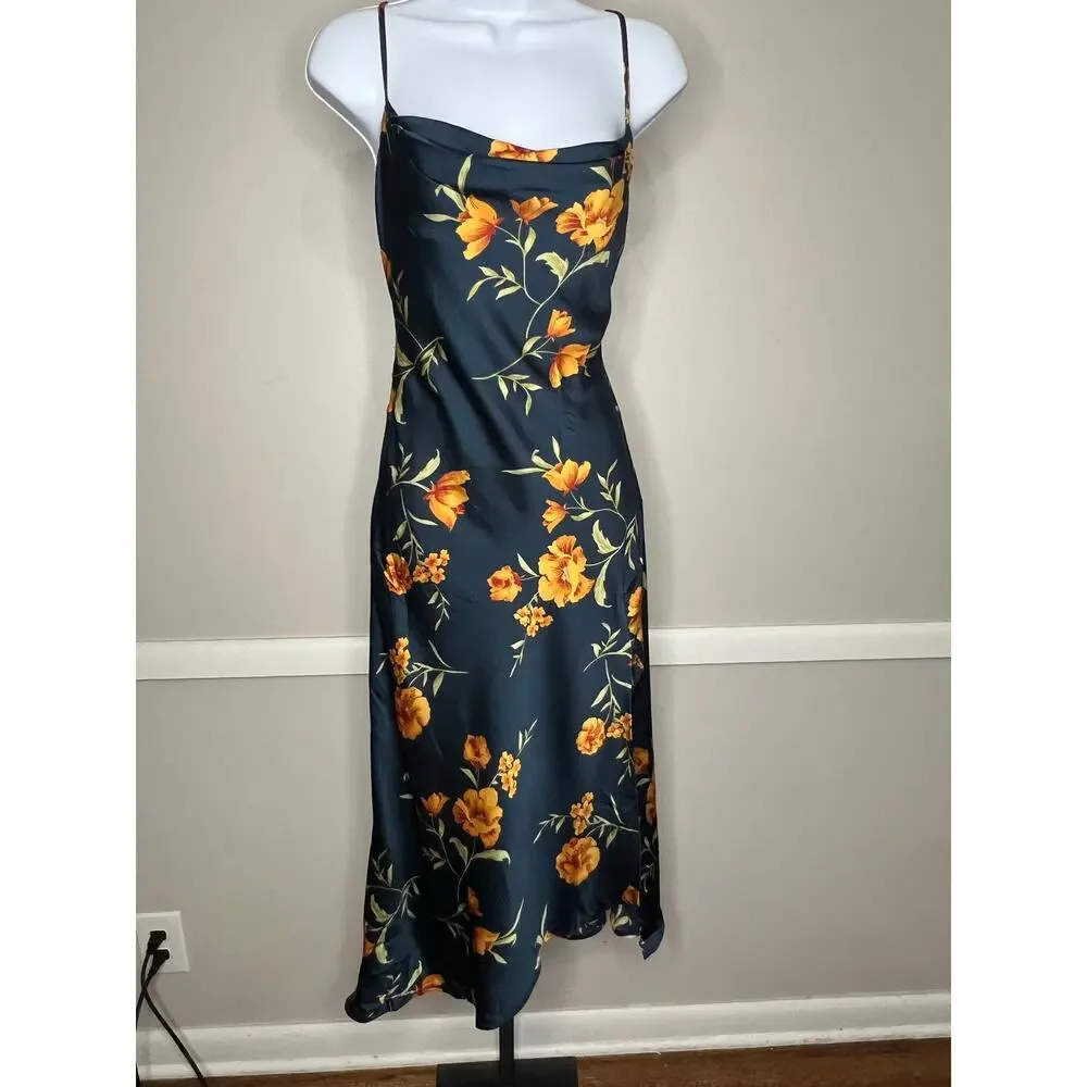 ASTR The Label Floral Satin Slip Midi Dress Navy Orange XS NWOT - Picture 3 of 8